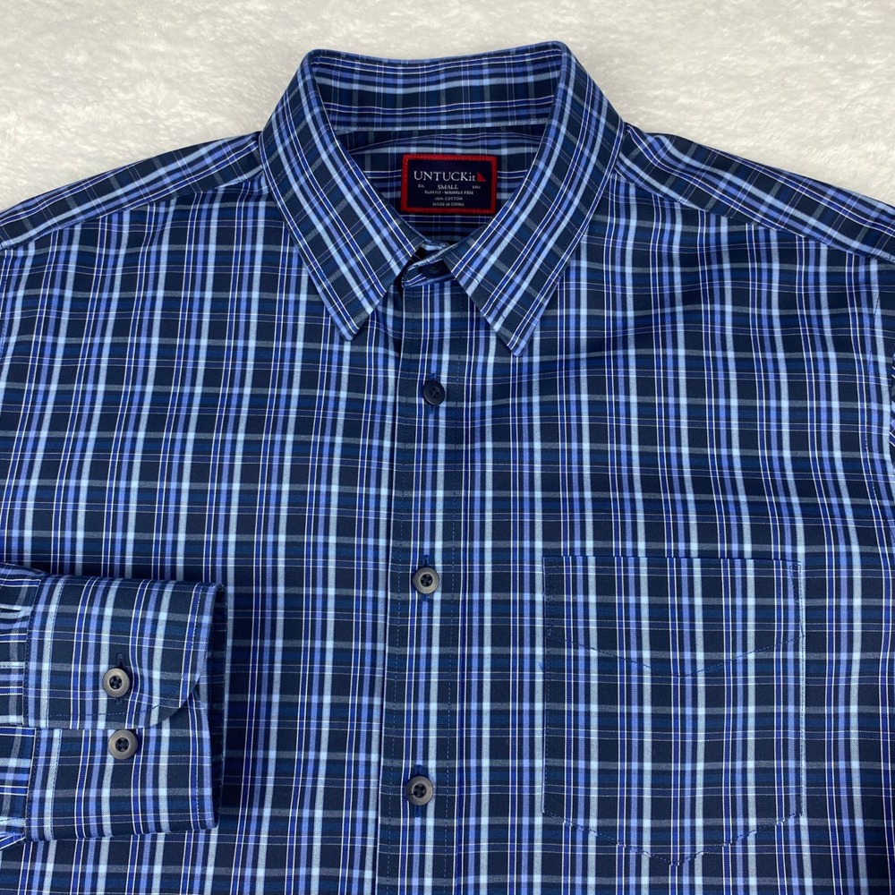UNTUCKit Mens Small Slim Fit Blue Plaid Long Sleeve Button Down Shirt